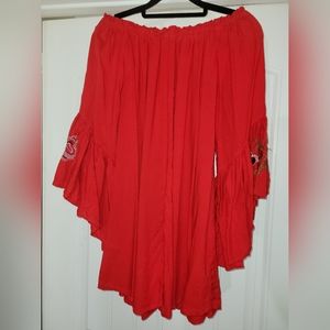 Off the shoulders silky Red blouse size Medium with embroidery sleeves